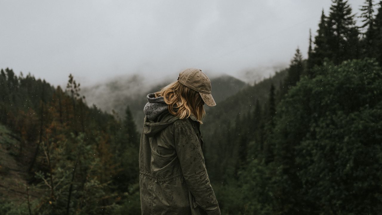 Wallpaper person, silhouette, mountains, forest, rain