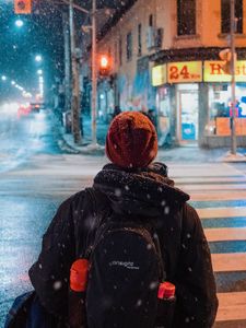Preview wallpaper person, street, night, snow, city