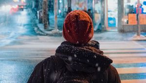 Preview wallpaper person, street, night, snow, city