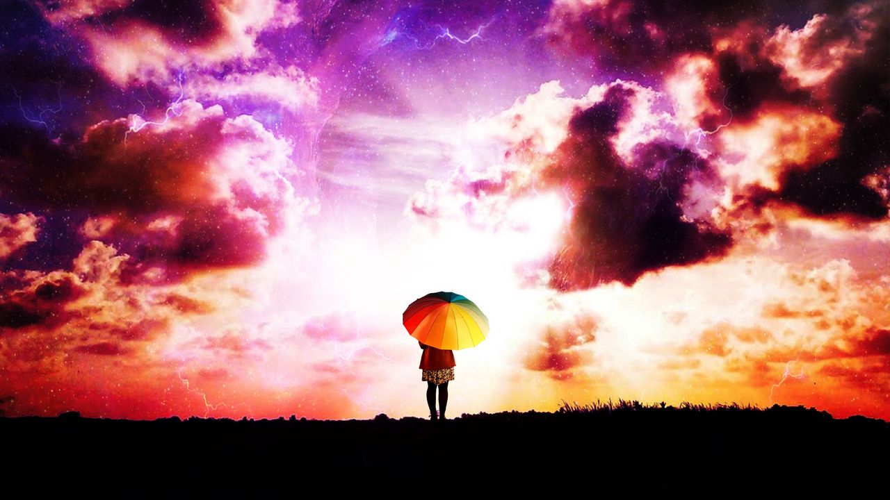 Wallpaper person, umbrella, clouds, colorful, photoshop