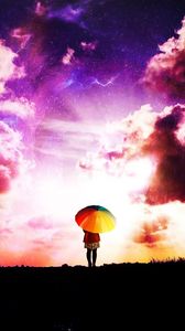 Preview wallpaper person, umbrella, clouds, colorful, photoshop