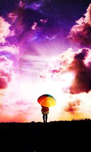 Preview wallpaper person, umbrella, clouds, colorful, photoshop