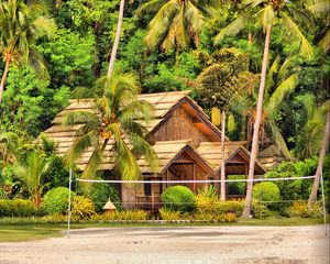 Preview wallpaper philippines, samal, island, palm trees, huts, bungalows