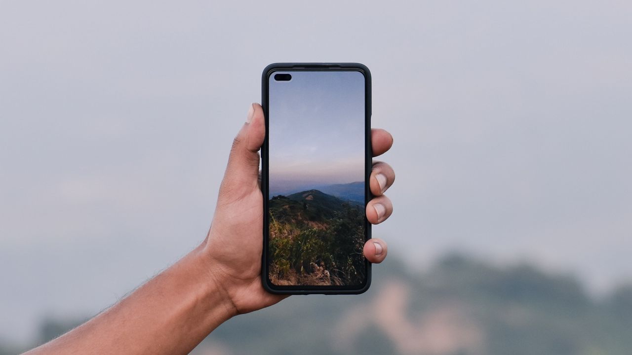 Wallpaper phone, hand, photo, mountains