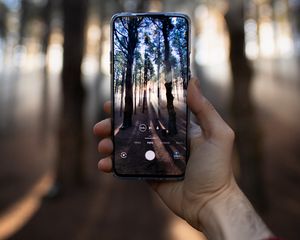 Preview wallpaper phone, hand, shooting, forest