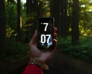 Preview wallpaper phone, hand, time, forest, trees