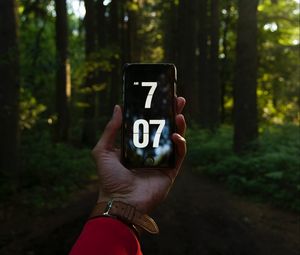 Preview wallpaper phone, hand, time, forest, trees