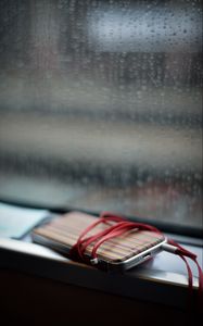 Preview wallpaper phone, headphones, device, music, window, rain