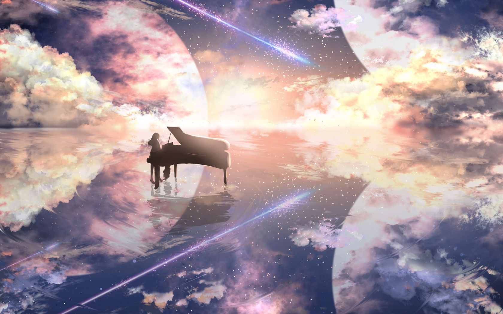 Download wallpaper 1680x1050 piano, silhouette, space, illusion, anime  widescreen 16:10 hd background