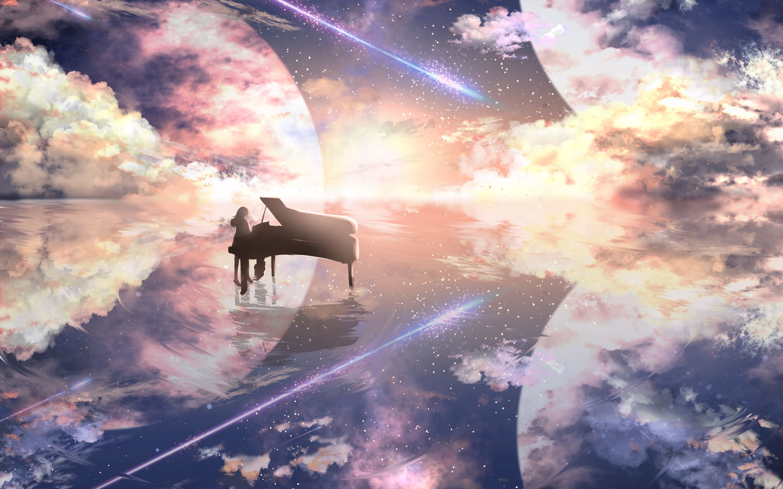 Download wallpaper 2560x1600 piano, silhouette, space, illusion, anime  widescreen 16:10 hd background