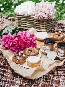 Preview wallpaper picnic, donut, coffee, peony, flowers