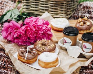 Preview wallpaper picnic, donut, coffee, peony, flowers