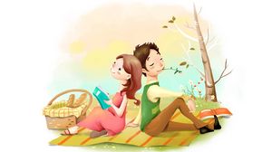 Preview wallpaper picture, positive, dreamy, lawn, flowers, picnic basket, bread, girl, guy