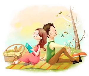 Preview wallpaper picture, positive, dreamy, lawn, flowers, picnic basket, bread, girl, guy