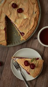 Preview wallpaper pie, cherry, pastries, plate, tea