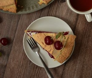 Preview wallpaper pie, cherry, pastries, plate, tea