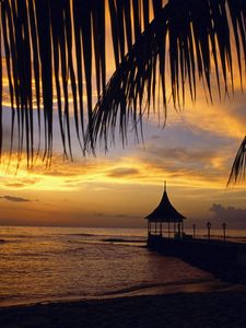 Preview wallpaper pier, arbor, palm tree, branches, evening, sea