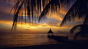 Preview wallpaper pier, arbor, palm tree, branches, evening, sea