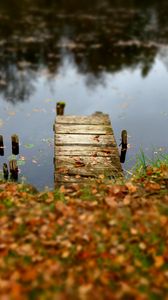 Preview wallpaper pier, autumn, river, fallen leaves