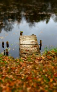 Preview wallpaper pier, autumn, river, fallen leaves