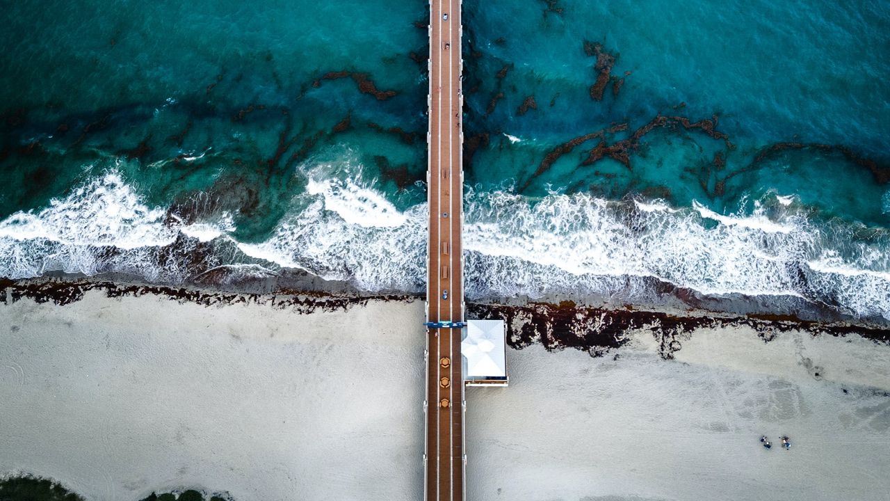 Wallpaper pier, beach, waves, aerial view, sea