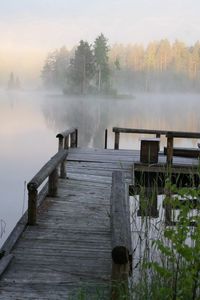 Preview wallpaper pier, bench, lake, mist, cool