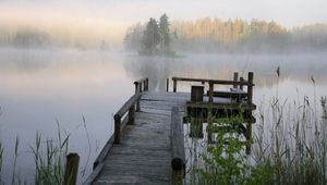 Preview wallpaper pier, bench, lake, mist, cool