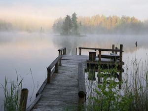 Preview wallpaper pier, bench, lake, mist, cool