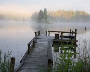 Preview wallpaper pier, bench, lake, mist, cool