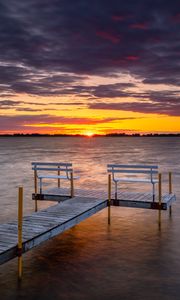 Preview wallpaper pier, bench, sea, sunset, horizon