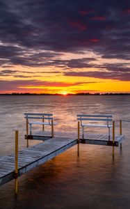 Preview wallpaper pier, bench, sea, sunset, horizon