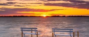 Preview wallpaper pier, bench, sea, sunset, horizon