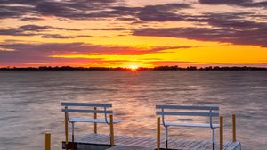 Preview wallpaper pier, bench, sea, sunset, horizon