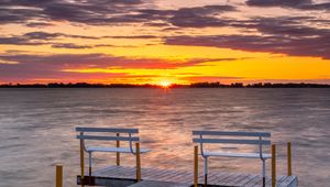 Preview wallpaper pier, bench, sea, sunset, horizon