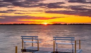 Preview wallpaper pier, bench, sea, sunset, horizon