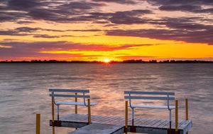 Preview wallpaper pier, bench, sea, sunset, horizon