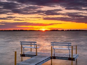 Preview wallpaper pier, bench, sea, sunset, horizon
