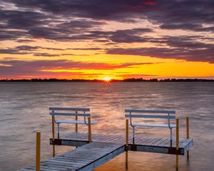 Preview wallpaper pier, bench, sea, sunset, horizon