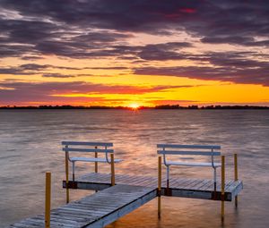 Preview wallpaper pier, bench, sea, sunset, horizon