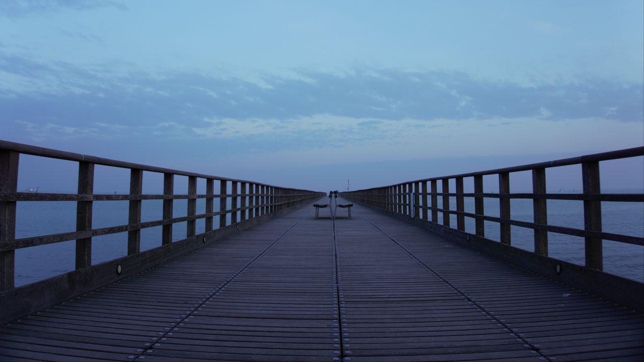 Wallpaper pier, benches, sea, clouds