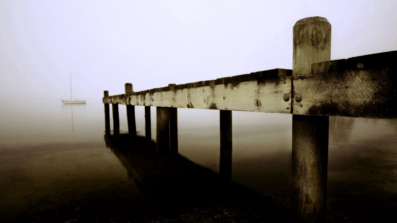 Wallpaper pier, boards, sea, boat, fog