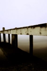 Preview wallpaper pier, boards, sea, boat, fog