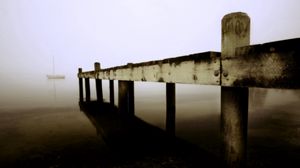 Preview wallpaper pier, boards, sea, boat, fog