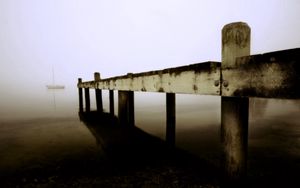 Preview wallpaper pier, boards, sea, boat, fog