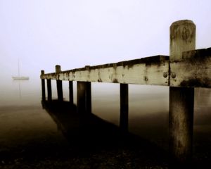 Preview wallpaper pier, boards, sea, boat, fog