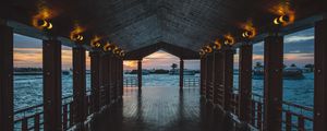 Preview wallpaper pier, boardwalk, ocean, palm trees, evening