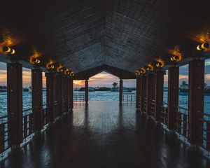 Preview wallpaper pier, boardwalk, ocean, palm trees, evening