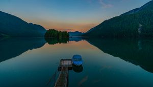 Preview wallpaper pier, boat, lake, mountains, twilight