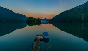 Preview wallpaper pier, boat, lake, mountains, twilight