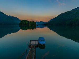 Preview wallpaper pier, boat, lake, mountains, twilight